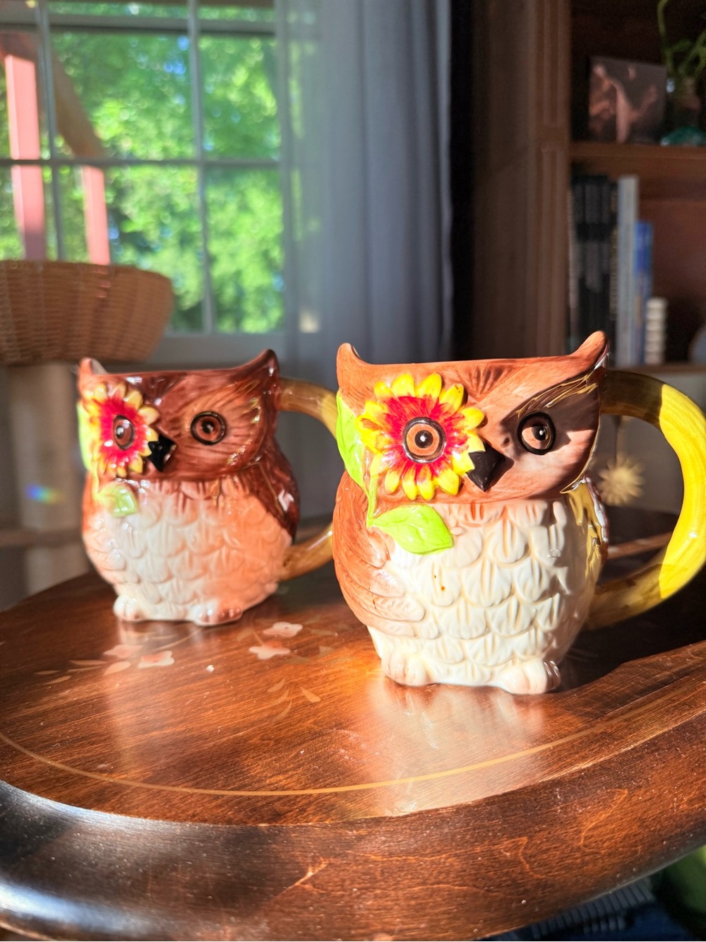 Set of 2 Ceramic Sunflower Owl Mugs